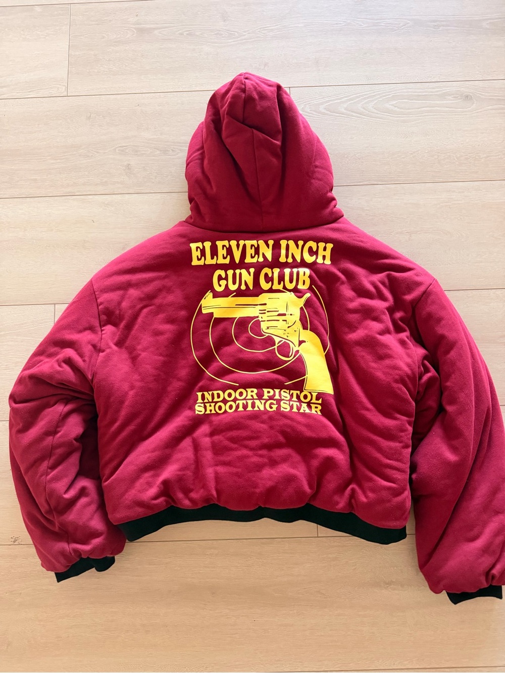 Vetements Red Graphic Hooded Jacket with Yellow Gun Club Print